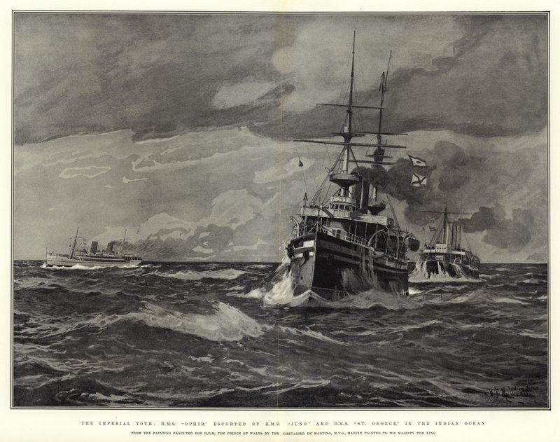 The Imperial Tour, HMS Ophir, eskortert av HMS Juno og HMS St George, i Det indiske hav av Eduardo de Martino