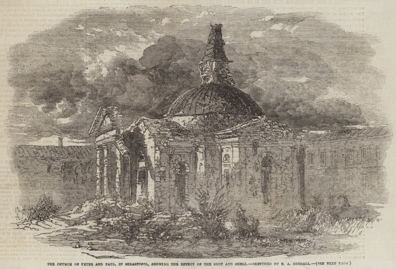Peter og Pauls kirke, i Sebastopol, som viser effekten av skuddet og skallet av Edward Angelo Goodall