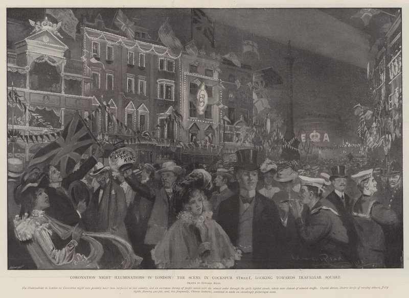 Coronation Night Illuminations i London, scenen i Cockspur Street, med utsikt mot Trafalgar Square av Edward Read