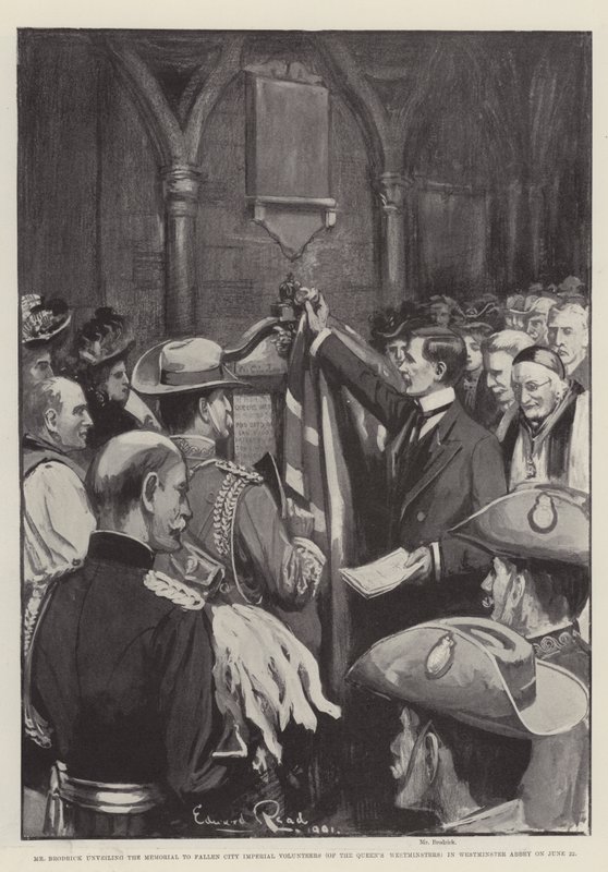 Brodrick avduker minnesmerket for Fallen City Imperial Volunteers (av dronningens Westminsters) i Westminster Abbey 22. juni av Edward Read