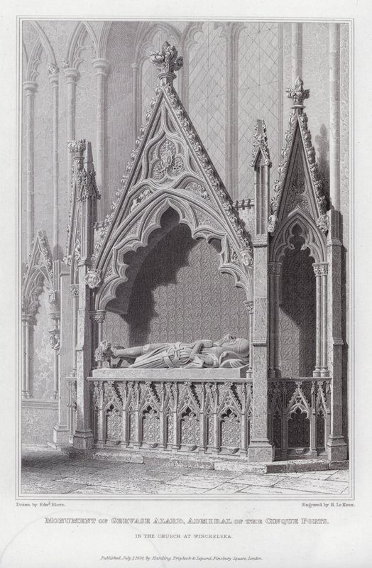 Monument til Gervase Alard, admiral av Cinque-havnene, i kirken i Winchelsea (gravering) av Edward Blore