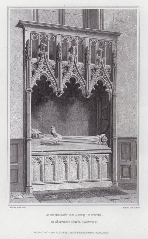 Monument til John Gower, i St Savios Church, Southwark (gravering) av Edward Blore
