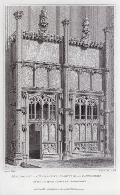 Monument til Margaret grevinne av Salisbury, i Collegiate Church of Christchurch (gravering) av Edward Blore