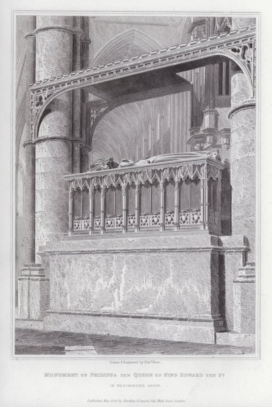 Monument til Philippa, dronningen av kong Edward den 3., i Westminster Abbey (gravering) av Edward Blore