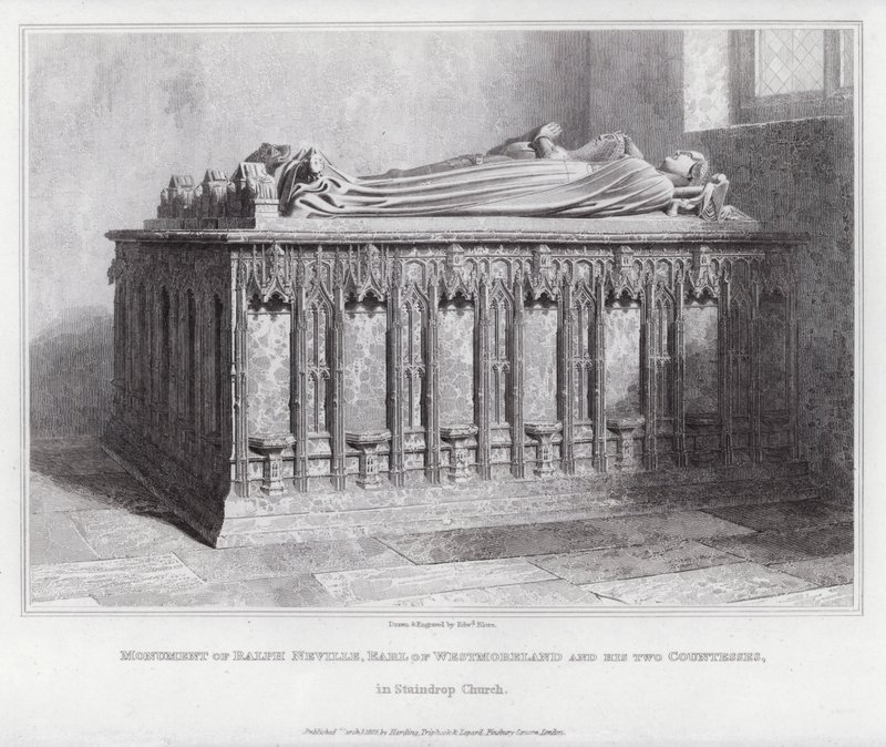 Monument til Ralph Neville, jarl av Westmoreland og hans to grevinner, i Staindrop Church (gravering) av Edward Blore