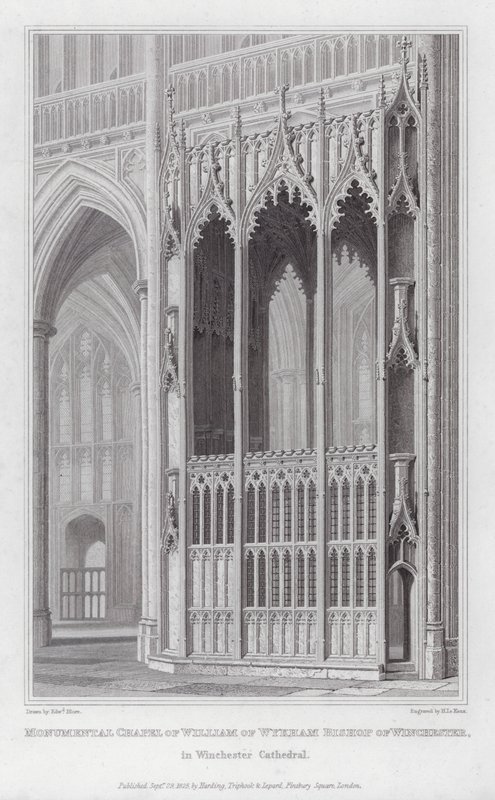 Monumentale kapell av William av Wykham biskop av Winchester, i Winchester Cathedral (gravering) av Edward Blore