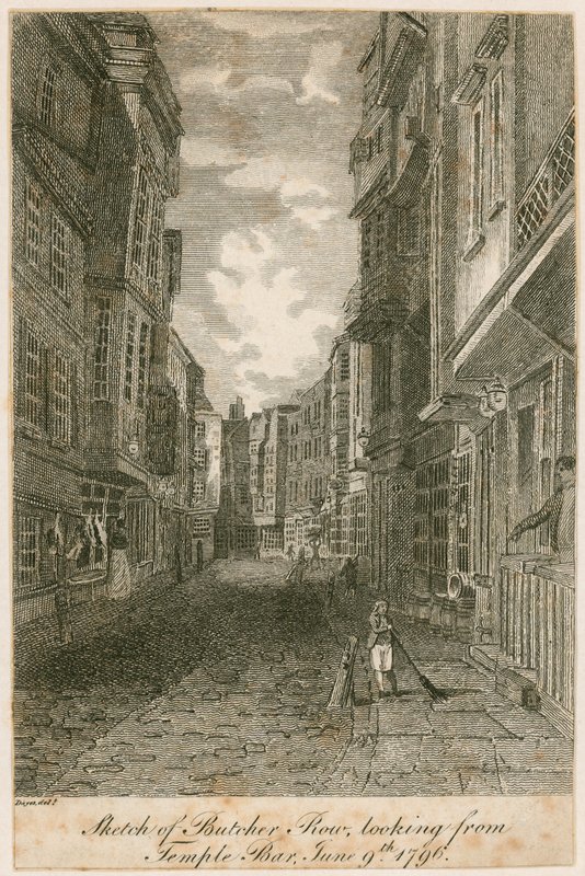 Skisse av Butcher Row, sett fra Temple Bar, 9. juni 1796 av Edward Dayes