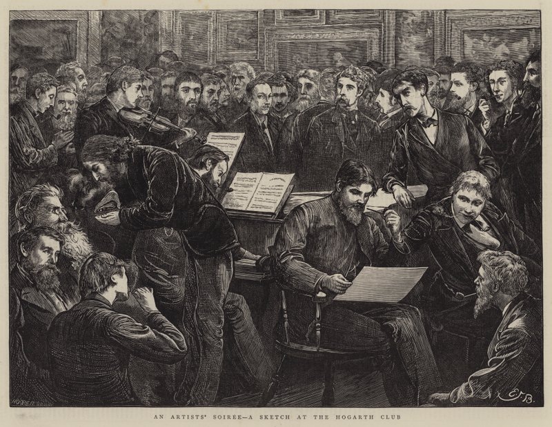 En artistsoiree, en skisse på Hogarth Club av Edward Frederick Brewtnall