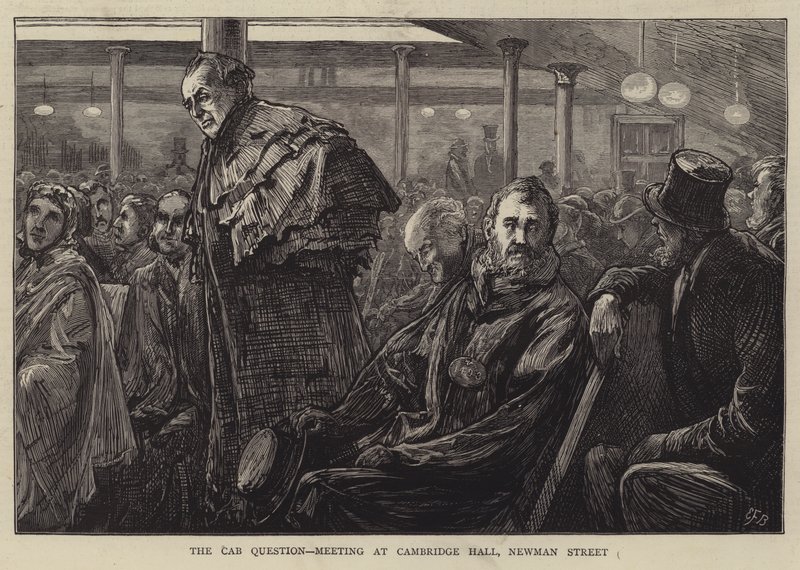 The Cab Question, møte i Cambridge Hall, Newman Street av Edward Frederick Brewtnall