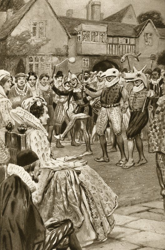 Dronning Ellizabeth I blir underholdt av narrer (litho) av Edward Frederick Skinner