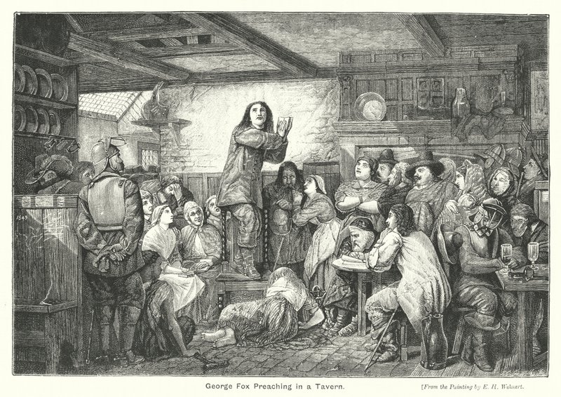 George Fox Preaching in a Tavern (gravering) av Edward Henry (after) Wehnert