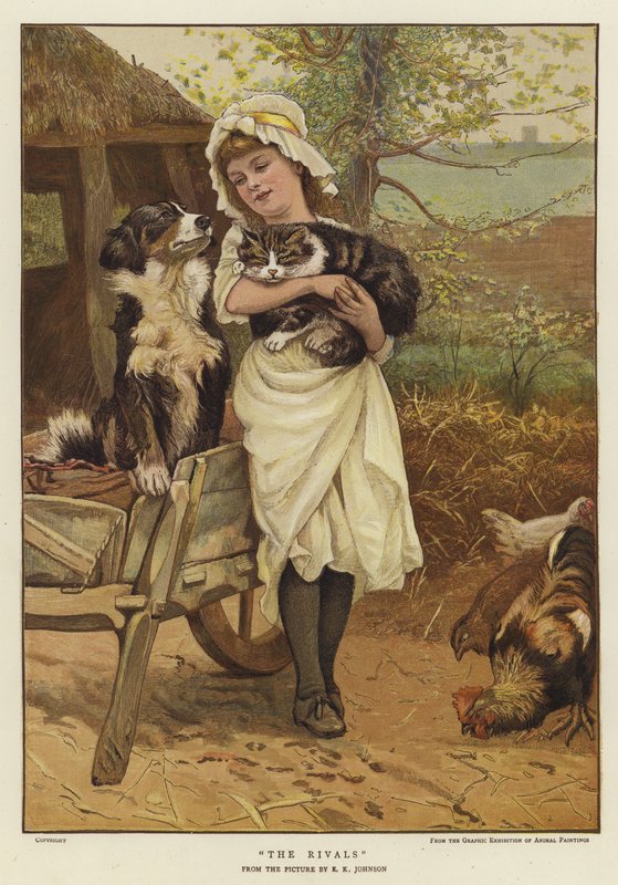 En ung jente som holder en katt i armene sammen med en hund (farge litho) av Edward Killingworth Johnson