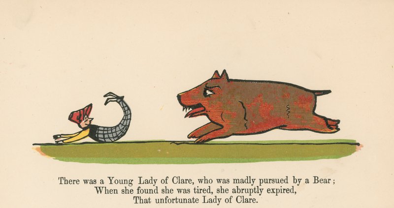 Det var en ung dame av Clare, som ble forfulgt av en bjørn fra 'A Book of Nonsense', utgitt av Frederick Warne og Co., London, ca. 1875 av Edward Lear