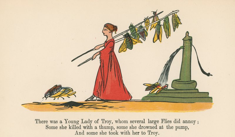 Det var en ung dame fra Troy, som flere store fluer irriterte, fra 