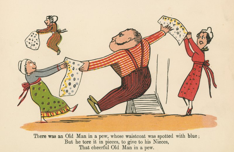 Det var en gammel mann i en kirkebenk, hvis vest var flekket med blått, fra 'A Book of Nonsense', utgitt av Frederick Warne and Co., London, ca. 1875 av Edward Lear
