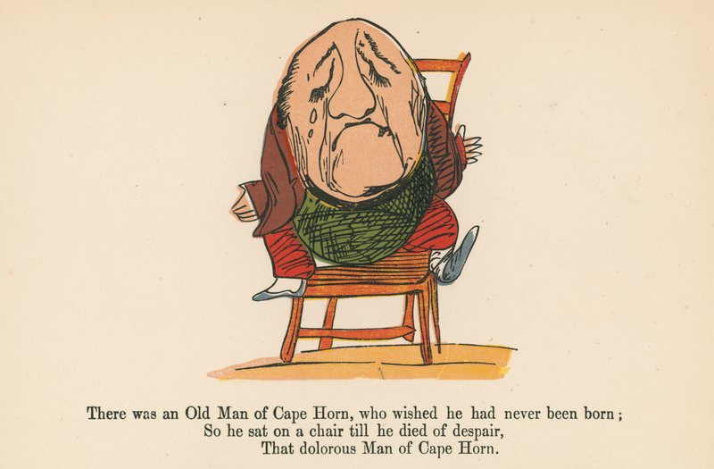 Det var en gammel mann fra Kapp Horn, som ønsket at han aldri hadde blitt født, fra 'A Book of Nonsense', utgitt av Frederick Warne og Co., London, ca. 1875 av Edward Lear