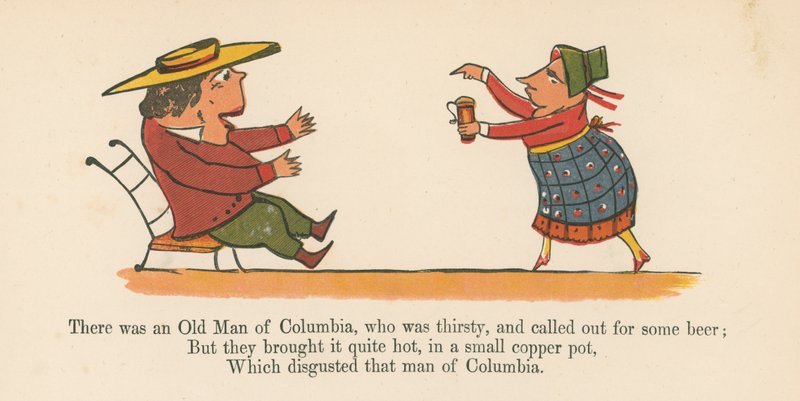 Det var en gammel mann fra Columbia, som var tørst og ropte etter litt øl fra 
