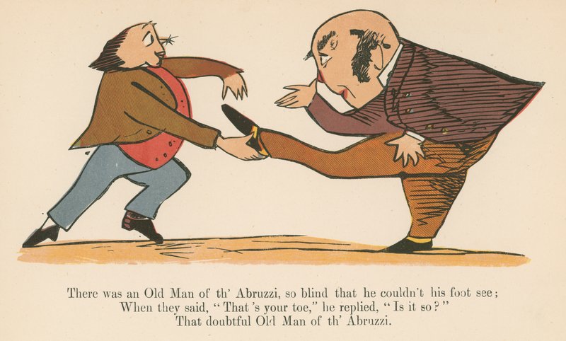Det var en gammel mann fra Abruzzi, så blind at han ikke kunne se foten hans, fra 'A Book of Nonsense', utgitt av Frederick Warne og Co., London, ca. 1875 av Edward Lear