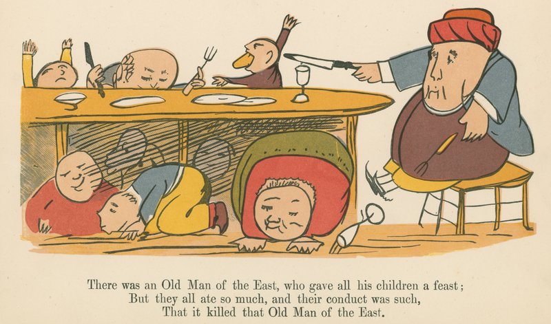 Det var en gammel mann fra Østen, som ga alle barna sine en fest, fra 'A Book of Nonsense', utgitt av Frederick Warne og Co., London, ca. 1875 av Edward Lear
