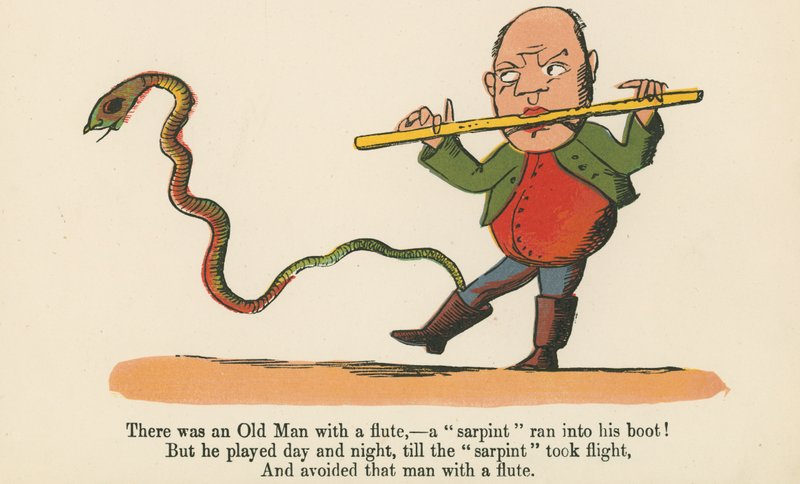 Det var en gammel mann med en fløyte - en 'sarpint' løp inn i støvelen hans!, fra 'A Book of Nonsense', utgitt av Frederick Warne and Co., London, ca. 1875 av Edward Lear