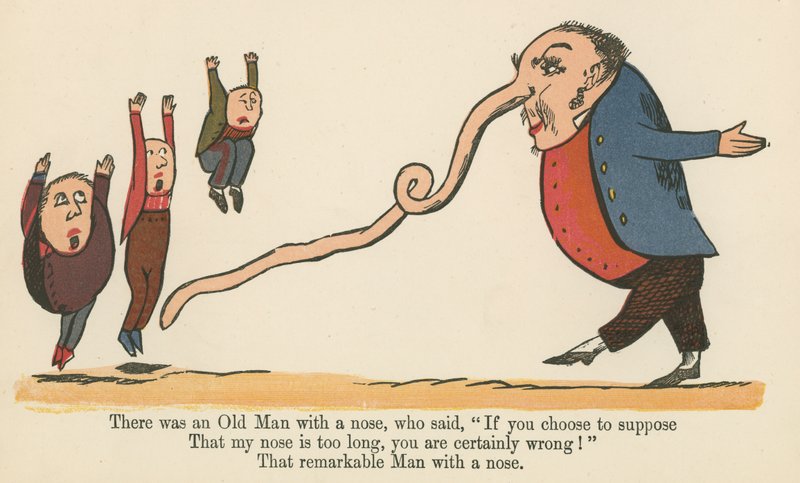Det var en gammel mann med nese, som sa: "Hvis du velger å anta", fra "A Book of Nonsense", utgitt av Frederick Warne og Co., London, ca. 1875 av Edward Lear