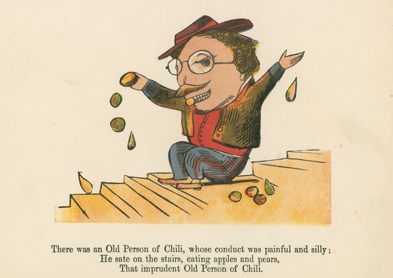 Det var en gammel person fra Chili, hvis oppførsel var smertefull og dum, fra 'A Book of Nonsense', utgitt av Frederick Warne and Co., London, ca. 1875 av Edward Lear