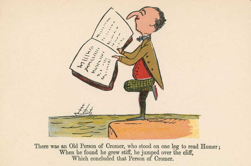 Det var en gammel person av Cromer, som sto på ett ben for å lese Homer, fra 'A Book of Nonsense', utgitt av Frederick Warne og Co., London, ca. 1875 av Edward Lear
