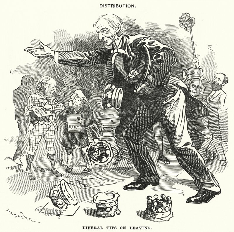 Punch tegneserie: Distribusjon. Liberale tips om å forlate (gravering) av Edward Linley (after) Sambourne