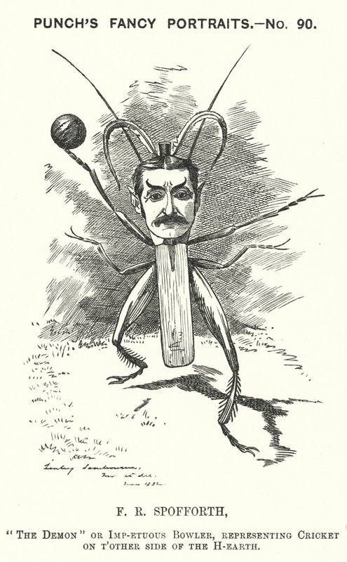 Punch tegneserie: Fred Spofforth, australsk cricketspiller (gravering) av Edward Linley (after) Sambourne