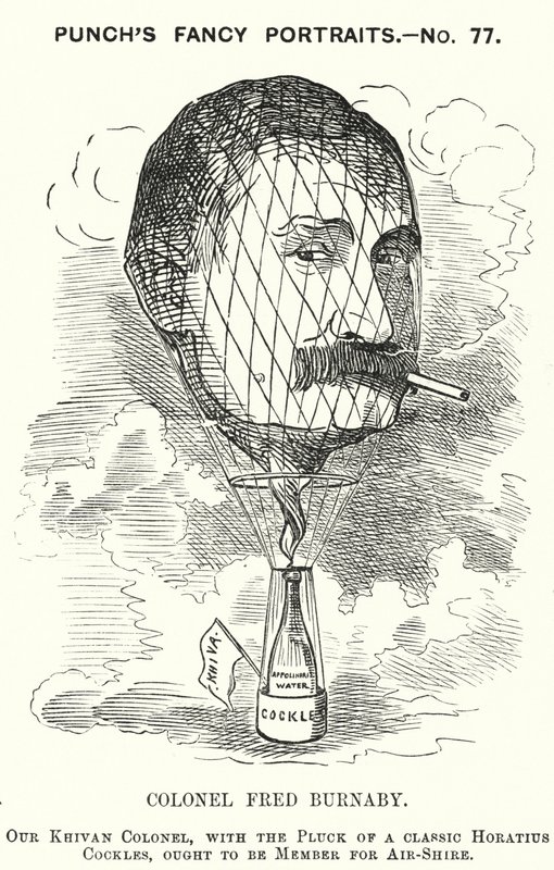 Punch tegneserie: Frederick Burnaby, britisk hærs etterretningsoffiser og ballongfarer (gravering) av Edward Linley (after) Sambourne