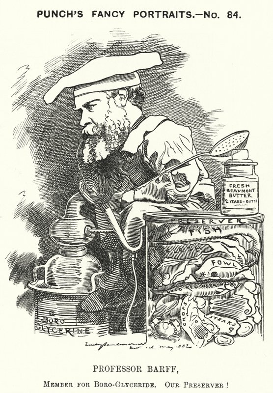 Punch tegneserie: Frederick Settle Barff, engelsk kjemiker (gravering) av Edward Linley (after) Sambourne