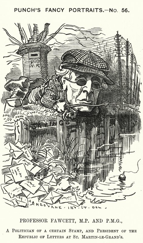 Punch tegneserie: Henry Fawcett, engelsk politiker og økonom (gravering) av Edward Linley (after) Sambourne