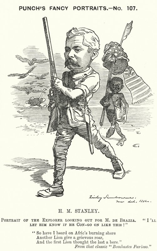 Punch tegneserie: Henry Morton Stanley, walisisk journalist og oppdagelsesreisende (gravering) av Edward Linley (after) Sambourne