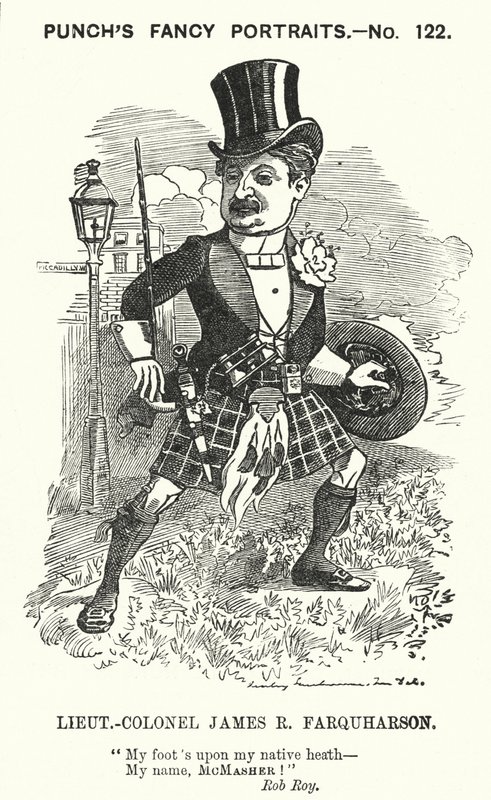 Punch tegneserie: James Ross Farquharson, skotsk soldat (gravering) av Edward Linley (after) Sambourne