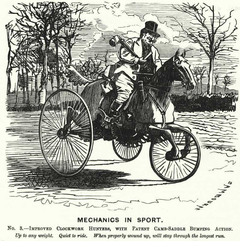 Punch tegneserie: Mechanics in Sport. No 3. - Forbedrede Clockwork Hunters, med Patent Camb-Saddle Bumping Action (gravering) av Edward Linley (after) Sambourne