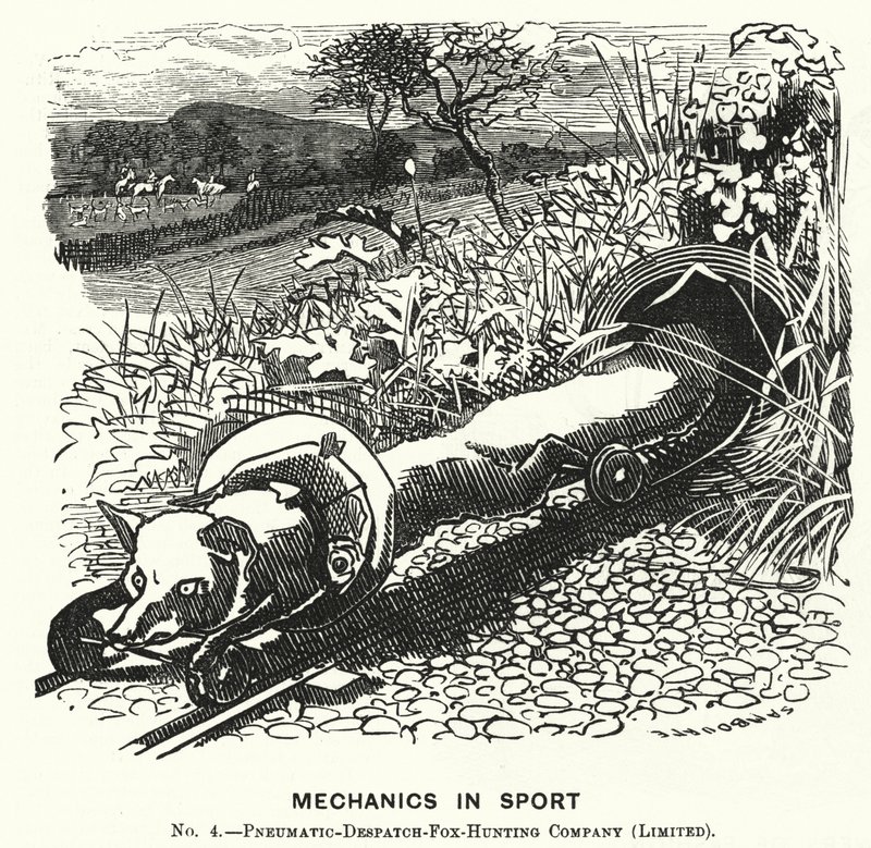 Punch tegneserie: Mechanics in Sport. No 4. - Pneumatic Despatch Fox Hunting Company (Begrenset) (gravering) av Edward Linley (after) Sambourne