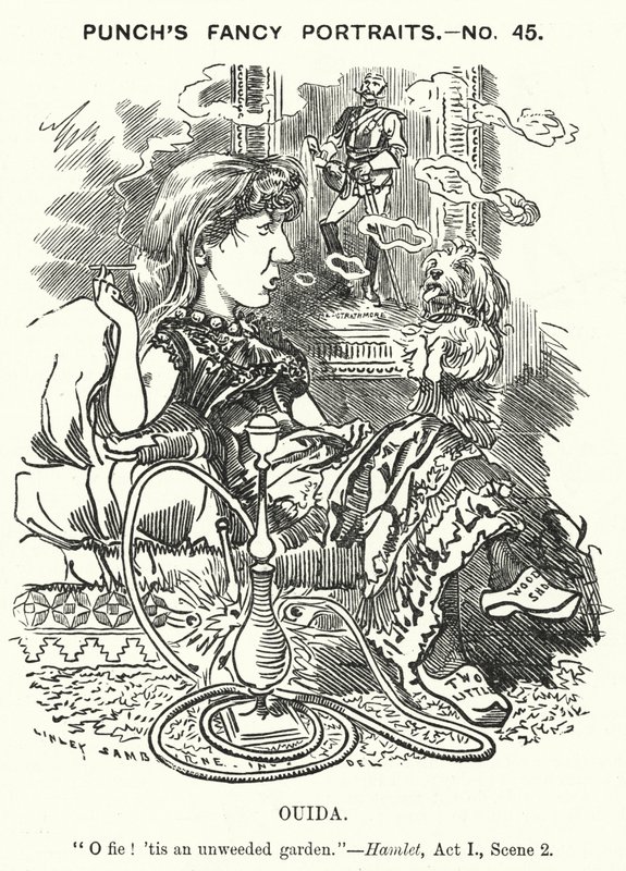 Punch tegneserie: Ouida (Maria Louise Rame), engelsk forfatter (gravering) av Edward Linley (after) Sambourne