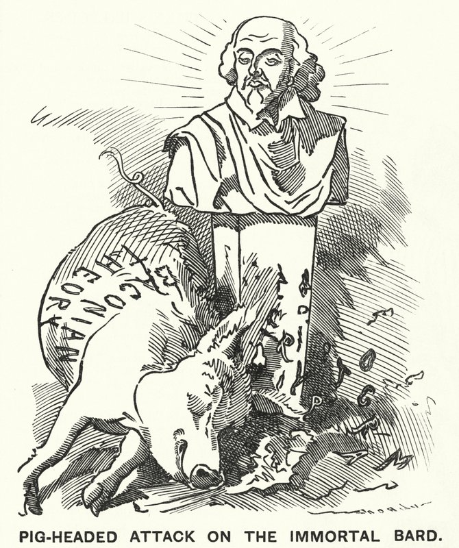 Punch tegneserie: Pig-headed Attack on the Immortal Bard - teorien om at William Shakespeares skuespill faktisk ble skrevet av Sir Francis Bacon (gravering) av Edward Linley (after) Sambourne