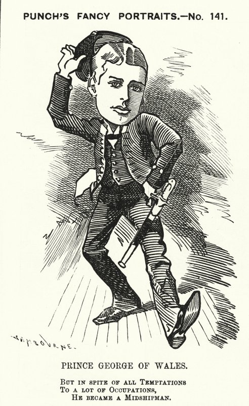 Punch tegneserie: Prins George av Wales, den fremtidige kong George V, som midtskipsmann i Royal Navy (gravering) av Edward Linley (after) Sambourne