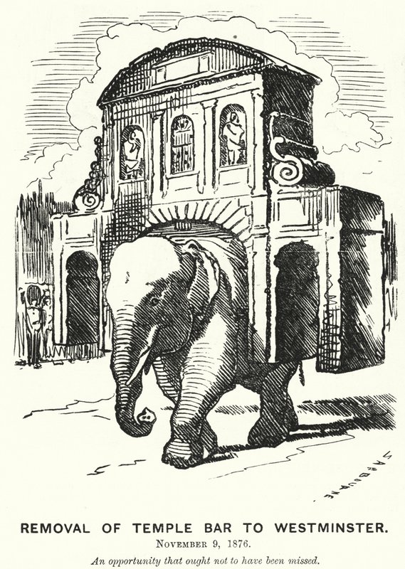 Punch tegneserie: Fjerning av Temple Bar til Westminster (gravering) av Edward Linley (after) Sambourne