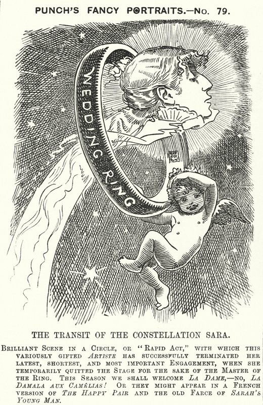 Punch tegneserie: Sarah Bernhardt, fransk skuespillerinne (gravering) av Edward Linley (after) Sambourne