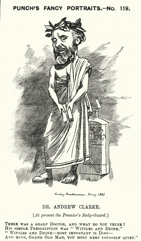 Punch tegneserie: Sir Andrew Clarke, britisk lege, lege til William Ewart Gladstone (gravering) av Edward Linley (after) Sambourne