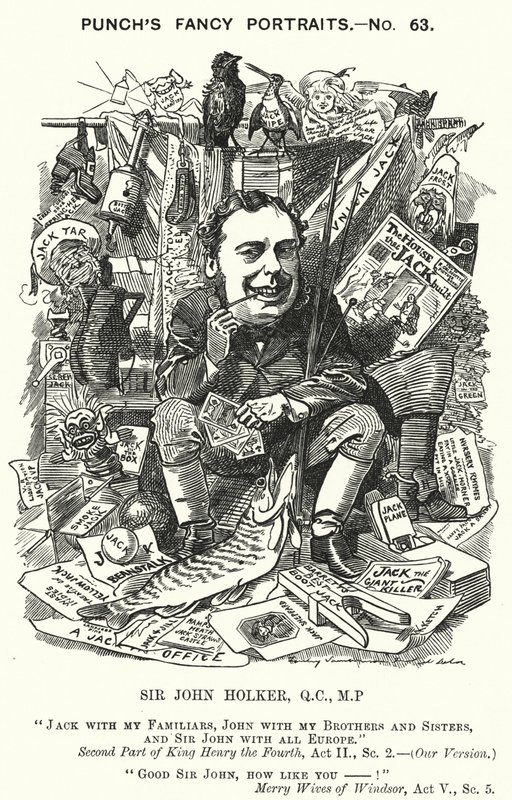 Punch tegneserie: Sir John Holker, engelsk advokat og politiker (gravering) av Edward Linley (after) Sambourne