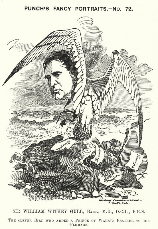Punch tegneserie: Sir William Withey Gull, engelsk lege som behandlet prinsen av Wales for tyfus og ble ordinær lege for dronning Victoria (gravering) av Edward Linley (after) Sambourne
