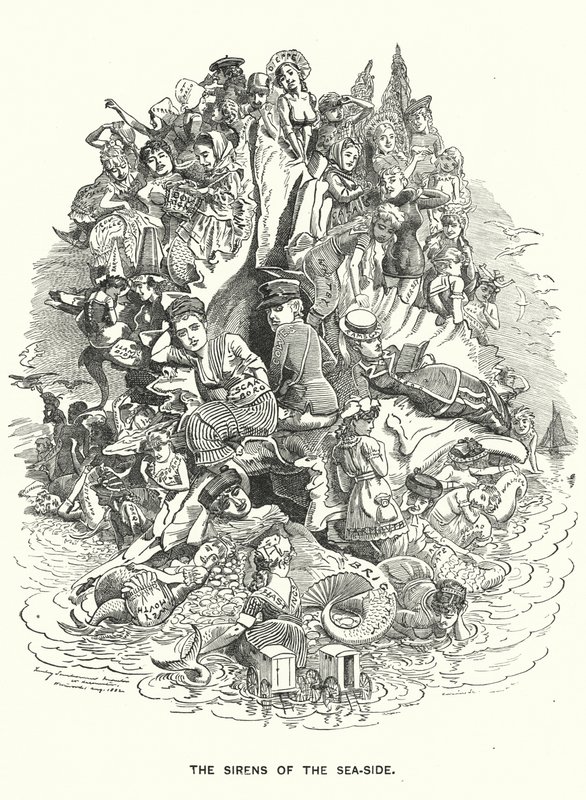 Punch tegneserie: The Sirens of the Sea-Side - britiske feriesteder ved kysten (gravering) av Edward Linley (after) Sambourne