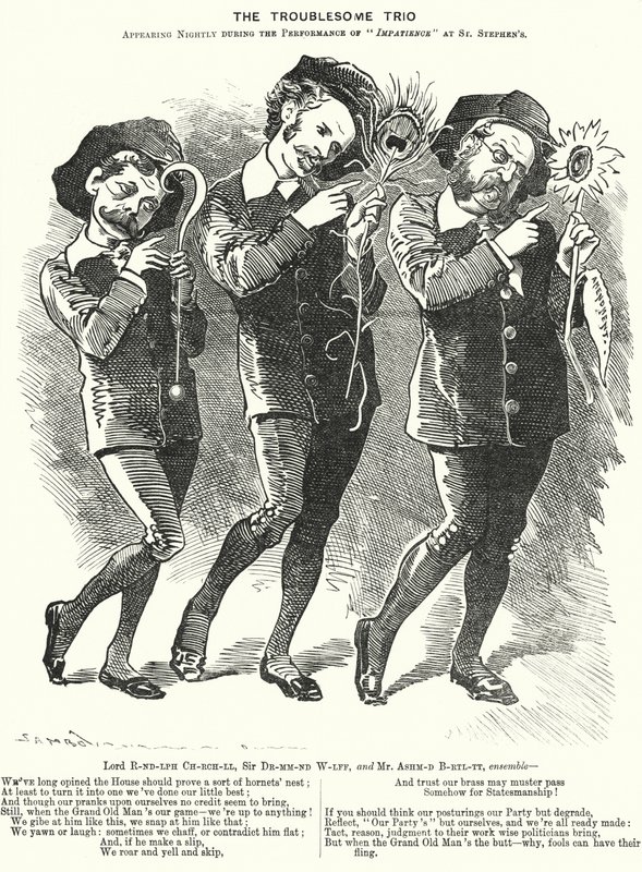 Punch tegneserie: The Troublesome Trio: Lord Randolph Churchill, Henry Drummond Wolff og Ellis Ashmead-Bartlett, britiske konservative politikere (gravering) av Edward Linley (after) Sambourne
