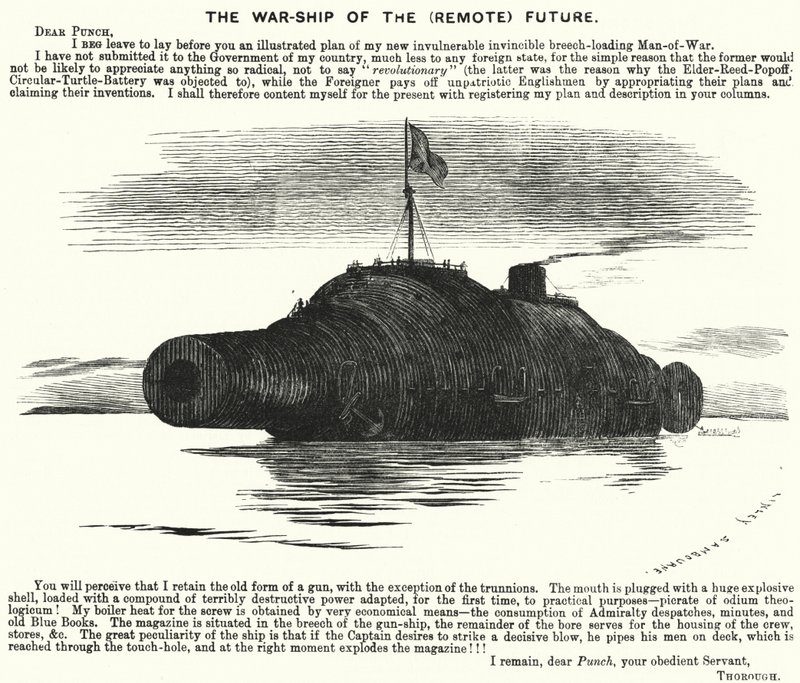 Punch tegneserie: The Warship of the (Remote) Future (gravering) av Edward Linley (after) Sambourne