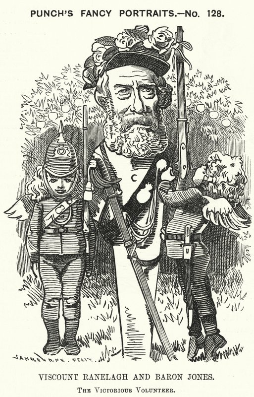 Punch tegneserie: Thomas Heron Jones, 7. Viscount Ranelagh og Baron Jones av Navan, promotør for frivilligbevegelsen for den britiske hæren (gravering) av Edward Linley (after) Sambourne