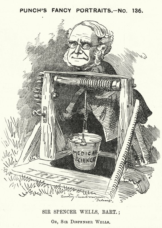 Punch tegneserie: Thomas Spencer Wells, engelsk lege, kirurg til dronning Victoria (gravering) av Edward Linley (after) Sambourne