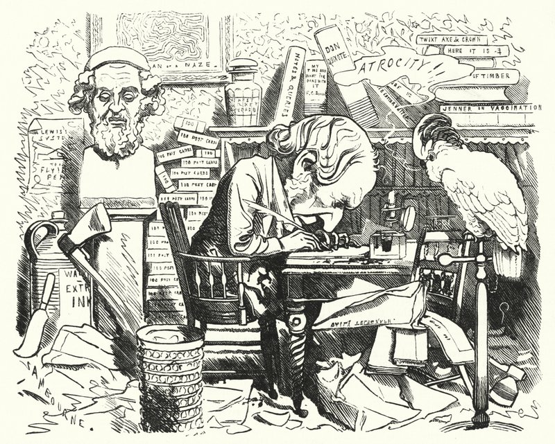 Punch tegneserie: forfatter på jobb i arbeidsrommet hans (gravering) av Edward Linley (after) Sambourne